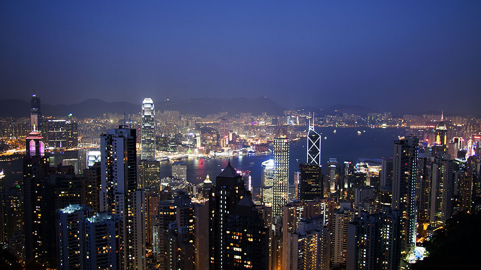 Hong Kong Harbour, viewed from The Peak at dusk